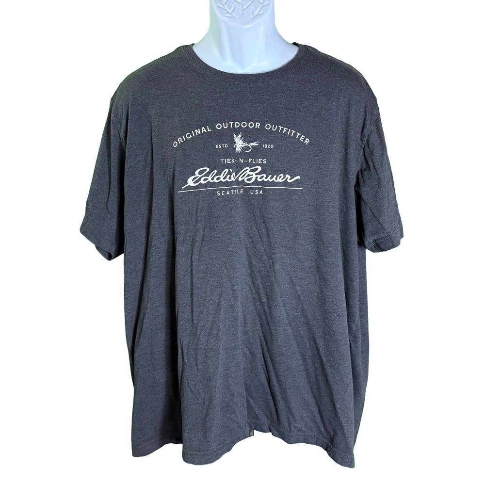 Eddie Bauer Graphic Tee Mens XXL Gray Ties-N-Flies Fishing Short Sleeve T-Shirt